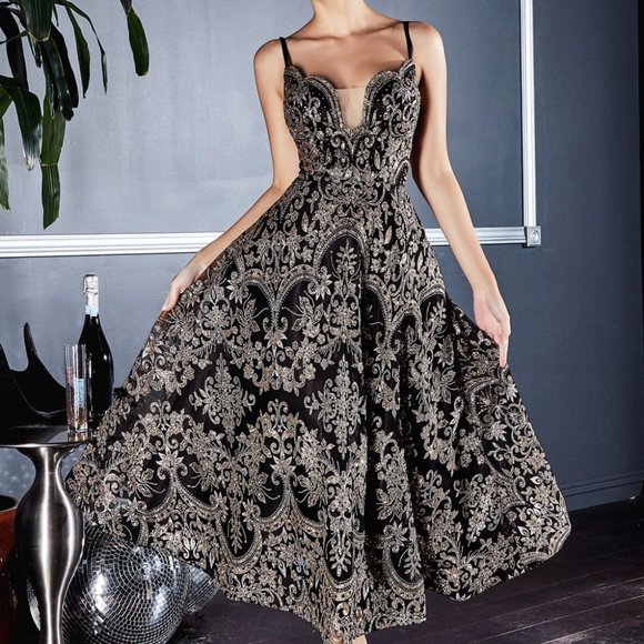Tea Length Glitter Print Dress - CNCM8076